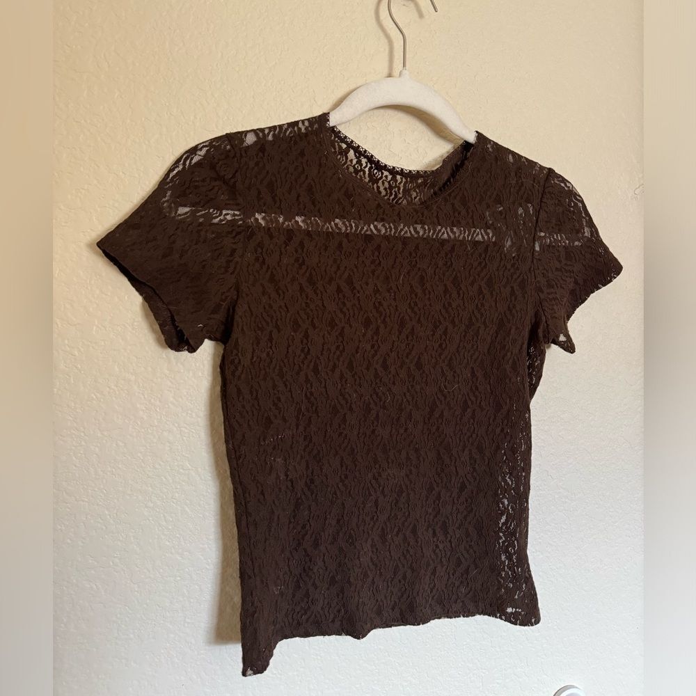 Vintage 90s Y2K Mesh Sheer Lace Cropped Baby‎ Tee Sz Small in Brown